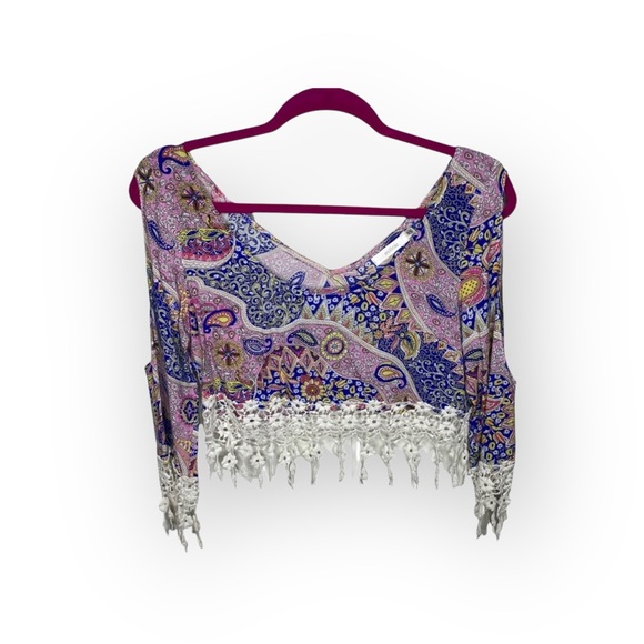 new Millau ꧁ Cold Shoulder Lace Fringe Festival Crop Top ꧁ Multicolor Print ꧂ XS - Picture 14 of 16